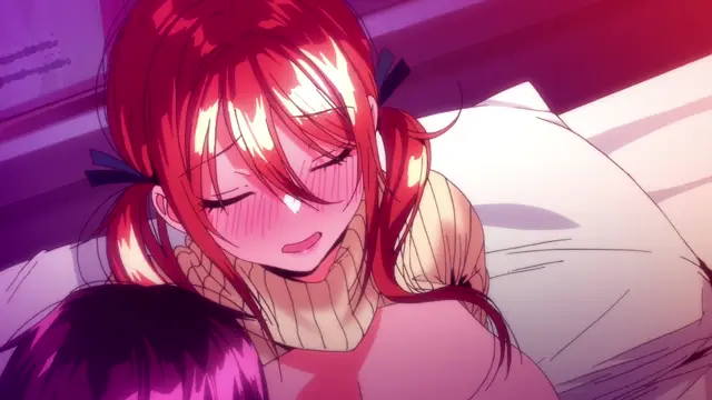 A blushing anime girl with red hair and twintails lies on a bed with her eyes closed and mouth slightly open, wearing a pink and yellow sweater. Screenshot from Girl's Rush - Episode 1