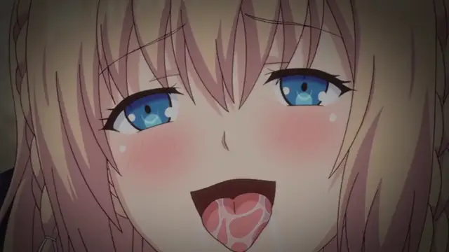 An anime girl with pink hair and blue eyes has a blushing face and an open mouth with her tongue sticking out in an ahegao expression. Screenshot from Ore ga Kanojo o ***su Wake - Episode 4