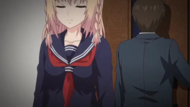 A girl with blonde hair and a school uniform stands with her eyes closed and a neutral expression next to a boy with dark hair who has his back turned to her in a classroom setting. Screenshot from Ore ga Kanojo o ***su Wake - Episode 4