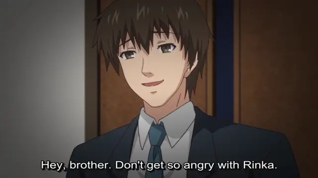 A brown-haired male anime character in a suit smiles calmly with the subtitle "Hey, brother. Don't get so angry with Rinka.". Screenshot from Ore ga Kanojo o ***su Wake - Episode 4