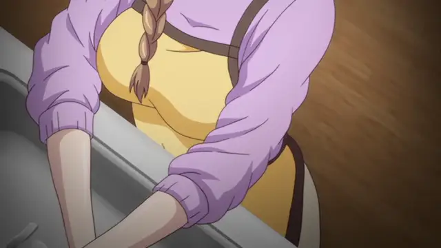 A girl with a blonde braid wearing a purple long-sleeved shirt and a yellow apron leans over a gray counter. Screenshot from Ore ga Kanojo o ***su Wake - Episode 4