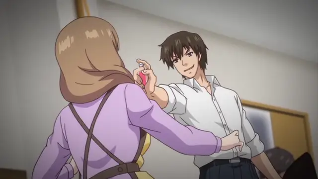 A smiling young man in a white dress shirt stands behind a woman in a purple dress, holding a small spray bottle and spraying a pink mist onto her shoulder. Screenshot from Ore ga Kanojo o ***su Wake - Episode 4
