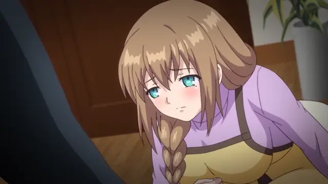 A blushing anime girl with braided hair and a purple and yellow outfit looks up with teary eyes from a kneeling position. Screenshot from Ore ga Kanojo o ***su Wake - Episode 4
