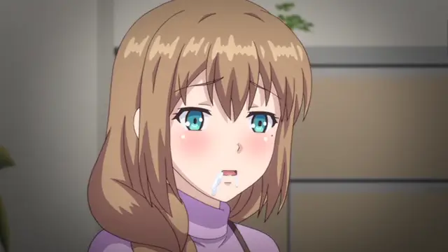 A blushing anime girl with brown hair and blue eyes looks distressed and dazed with a strand of saliva dripping from her mouth. Screenshot from Ore ga Kanojo o ***su Wake - Episode 4