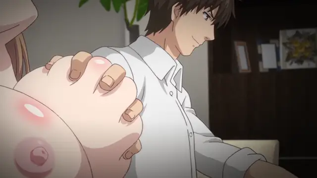 A man with brown hair in a white shirt looks down with a slight smile as a woman's large breasts are pressed against his chest. Screenshot from Ore ga Kanojo o ***su Wake - Episode 4
