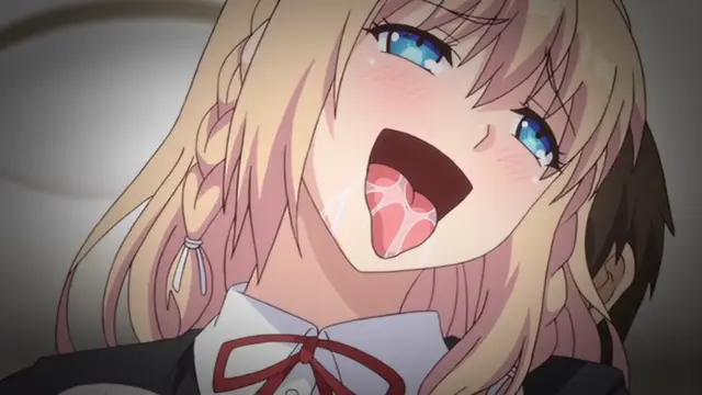 A blonde anime girl with blue eyes and a blushing face screams with her mouth wide open, showing her tongue and white fluids, while a male character's head is visible behind her shoulder. Screenshot from Ore ga Kanojo o ***su Wake - Episode 4