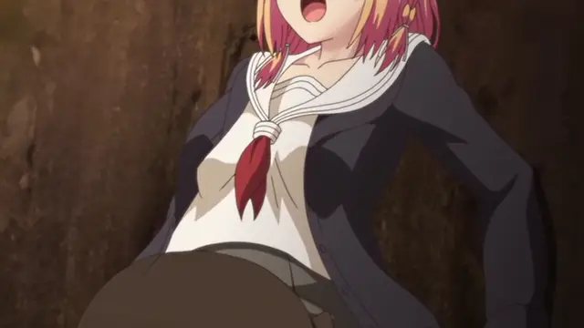 A blonde anime girl in a school uniform with an open blazer and a red necktie gasps with her mouth open while leaning against a wall. Screenshot from Ore ga Kanojo o ***su Wake - Episode 6