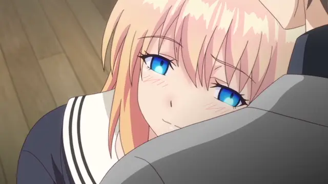 A blonde-haired anime girl with blue eyes leans her head against a man's shoulder with a blushing expression. Screenshot from Ore ga Kanojo o ***su Wake - Episode 6
