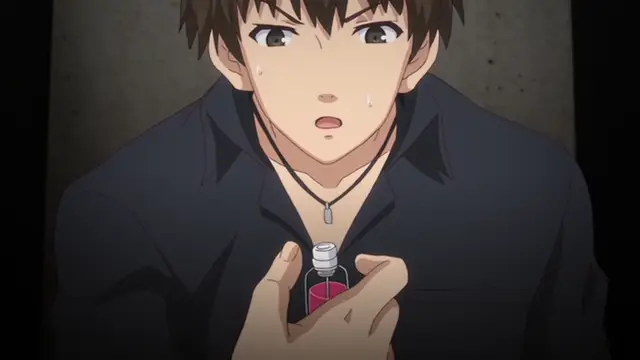 A shocked-looking young man with brown hair and a black shirt holds a small bottle of red liquid in front of his chest while sweating. Screenshot from Ore ga Kanojo o ***su Wake - Episode 1