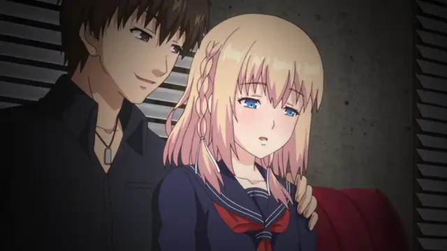 A smirking man with brown hair stands behind a blonde girl in a school uniform, looking at her with a suggestive expression while resting his hand on her shoulder. Screenshot from Ore ga Kanojo o ***su Wake - Episode 1
