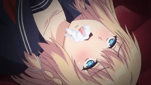 An anime girl with long blonde hair and blue eyes lies on her back, wearing a dark school uniform, with white fluid on her lips and a flushed face. Screenshot from Ore ga Kanojo o ***su Wake - Episode 1