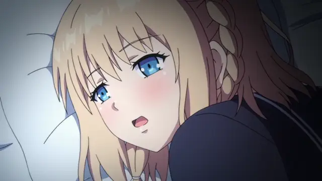 A blushing blonde anime girl with braided hair lies on a pillow, looking shocked and dazed with wide eyes and a small open mouth. Screenshot from Ore ga Kanojo o ***su Wake - Episode 1
