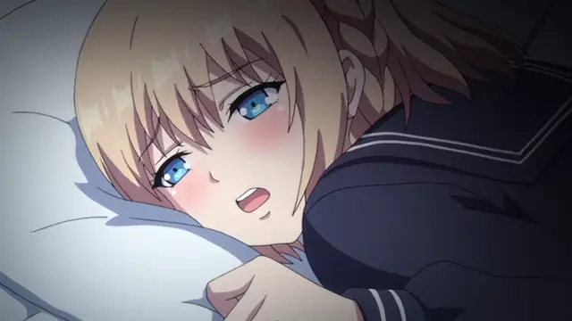 A blushing anime girl with blonde hair and blue eyes lies on a white pillow with a shocked expression, wearing a navy blue sailor uniform. Screenshot from Ore ga Kanojo o ***su Wake - Episode 1