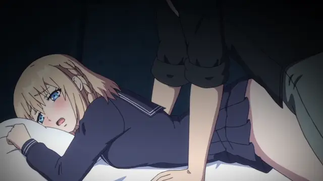 A blonde anime girl in a school uniform lies face down on a bed while being bent over and penetrated from behind by a man standing over her. Screenshot from Ore ga Kanojo o ***su Wake - Episode 1