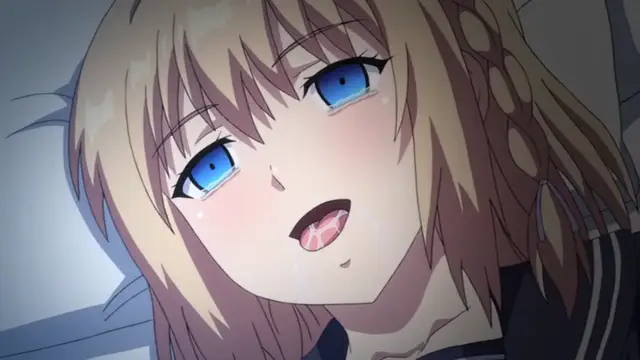 A close-up shot shows a blonde-haired anime girl with blue eyes and a blushing face, crying while her mouth is open and her tongue is visible. Screenshot from Ore ga Kanojo o ***su Wake - Episode 1