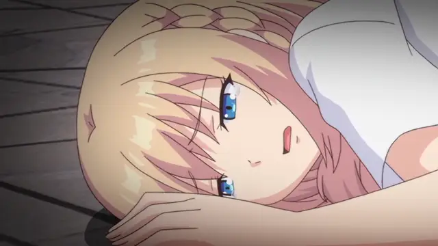 An anime girl with long blonde hair and blue eyes lies on a wooden floor, wearing a white off-the-shoulder top with a blank, dazed expression. Screenshot from Ore ga Kanojo o ***su Wake - Episode 3