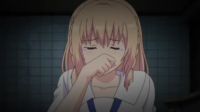 A blonde anime girl with pigtails sits crying with her hand over her mouth, wearing a school uniform in a tiled room. Screenshot from Ore ga Kanojo o ***su Wake - Episode 3