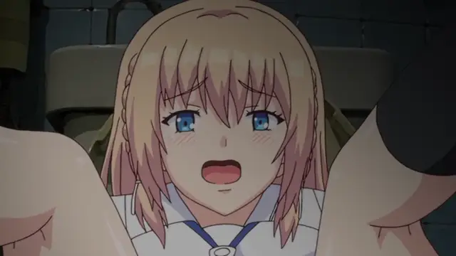 A blonde girl with a shocked expression and blushing face is shown from the chest up, looking towards the viewer with her hands raised as if being held or restrained. Screenshot from Ore ga Kanojo o ***su Wake - Episode 3