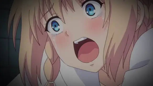 A blonde anime girl with blue eyes looks shocked and overwhelmed with a blushing face and tears in her eyes. Screenshot from Ore ga Kanojo o ***su Wake - Episode 3