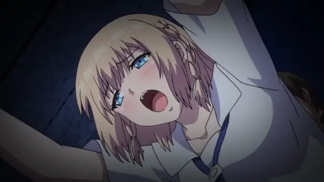 A blonde anime girl in a white school uniform lies on the ground with a dazed, blushing expression and her mouth open. Screenshot from Ore ga Kanojo o ***su Wake - Episode 3