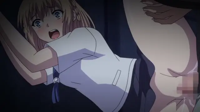 A blonde girl in a school uniform looks shocked and wide-eyed while being held from behind by a man who is penetrating her from the rear. Screenshot from Ore ga Kanojo o ***su Wake - Episode 3