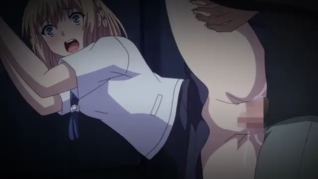 A blonde girl in a white school uniform looks shocked as she watches a person in a dark suit with their pants pulled down, exposing their genitals in a close-up shot. Screenshot from Ore ga Kanojo o ***su Wake - Episode 3