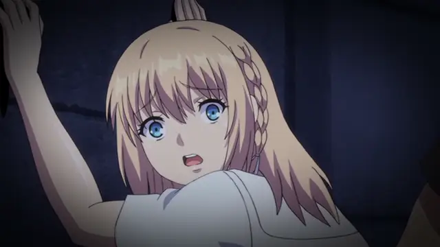 An anime girl with long blonde hair and blue eyes looks shocked with her mouth open as her hands are tied behind her head in a dark room. Screenshot from Ore ga Kanojo o ***su Wake - Episode 3