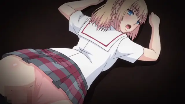 An anime girl with blonde hair wearing a school uniform is lying on her side on a dark surface with her skirt pulled up to reveal her buttocks. Screenshot from Ore ga Kanojo o ***su Wake - Episode 2