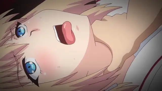 An anime girl with pink hair and blue eyes lies on her back with a blushing face and open mouth, looking upward with an expression of arousal. Screenshot from Ore ga Kanojo o ***su Wake - Episode 2