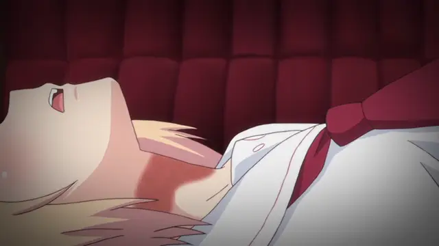 A close-up shot of an anime girl with blonde hair lying on a red velvet sofa, wearing a white dress with a red bow, with visible red markings on her neck. Screenshot from Ore ga Kanojo o ***su Wake - Episode 2