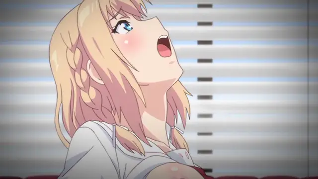 An anime girl with blonde hair and blushing cheeks looks upwards with an open mouth in a state of arousal or shock. Screenshot from Ore ga Kanojo o ***su Wake - Episode 2