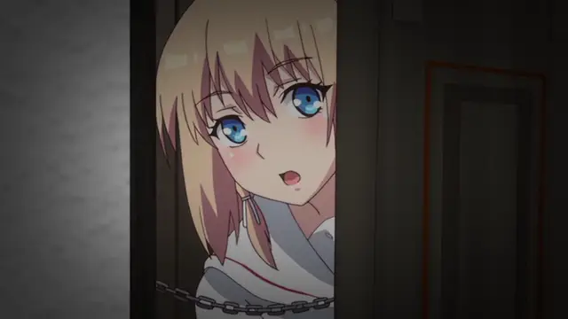A blonde anime girl with wide blue eyes and a blushing face peeks out from behind a door, wearing a white garment with a red collar and chains around her neck. Screenshot from Ore ga Kanojo o ***su Wake - Episode 2