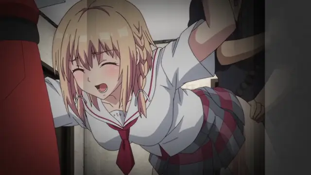 A blonde anime girl in a school uniform with a red tie and plaid skirt is shown with her eyes closed and mouth open in an expression of pleasure while being held from behind by a man in a suit. Screenshot from Ore ga Kanojo o ***su Wake - Episode 2