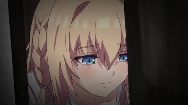 A close-up of a blonde anime girl with blue eyes and a blushing face peeking from behind a dark curtain. Screenshot from Ore ga Kanojo o ***su Wake - Episode 2
