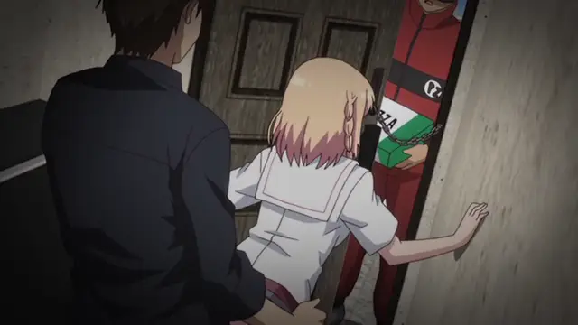 A blonde girl in a school uniform is bent over with her rear exposed, being held by a man in a black shirt while a man in a red tracksuit stands behind her in a dimly lit room. Screenshot from Ore ga Kanojo o ***su Wake - Episode 2
