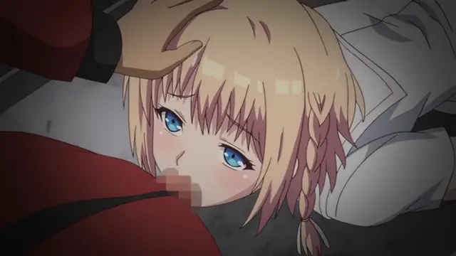 A blonde anime girl with blue eyes lies on her back with a tearful expression while a person in a red outfit rests a hand on her head. Screenshot from Ore ga Kanojo o ***su Wake - Episode 2