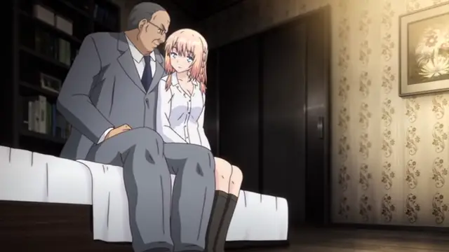 An older man in a grey suit sits on a bed next to a young woman with pink hair and a white blouse who is leaning against his shoulder. Screenshot from Ore ga Kanojo o ***su Wake - Episode 5