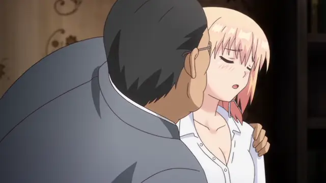 A middle-aged man in a suit pulls a blushing young woman in a white shirt close to him, his face pressed against her neck while she has her eyes closed and her mouth slightly open. Screenshot from Ore ga Kanojo o ***su Wake - Episode 5