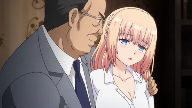 An older man in a suit stands close to a young woman with blonde hair and blue eyes, placing his hand on her shoulder as she looks on with a blushing, surprised expression. Screenshot from Ore ga Kanojo o ***su Wake - Episode 5