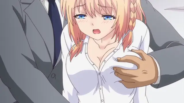 A blushing blonde anime girl in a white button-up shirt looks distressed as a man in a gray suit holds her by the chest. Screenshot from Ore ga Kanojo o ***su Wake - Episode 5