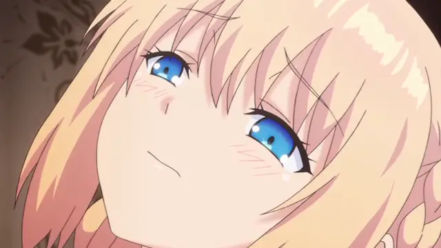 A close-up anime shot features a blonde-haired girl with blue eyes looking toward the viewer with a slight smile and blushing cheeks. Screenshot from Ore ga Kanojo o ***su Wake - Episode 5