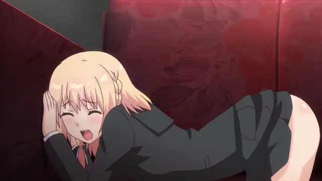 A blonde anime girl in a school uniform sits on a red velvet sofa with a blissful expression, her legs spread open to reveal her underwear. Screenshot from Ore ga Kanojo o ***su Wake - Episode 5