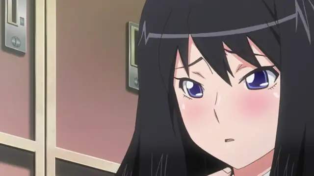 A blushing anime girl with long black hair and blue eyes looks surprised with a wide-eyed expression while standing in a hallway. Screenshot from Kansen 5 The Daybreak - Episode 1
