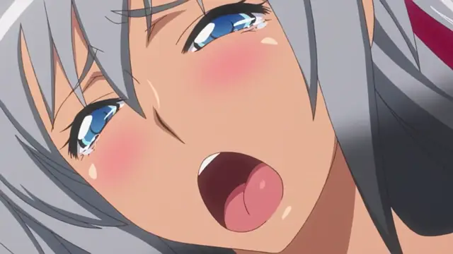 A close-up of an anime girl with long grey hair, blushing face, and teary blue eyes looking surprised or overwhelmed with her mouth wide open. Screenshot from Kansen 5 The Daybreak - Episode 1