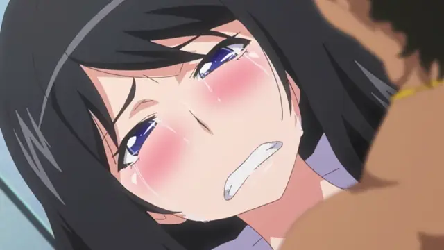 A close-up shot shows a blushing, teary-eyed anime girl with dark hair and a distressed expression as she is being penetrated from behind. Screenshot from Kansen 5 The Daybreak Epsiode 2
