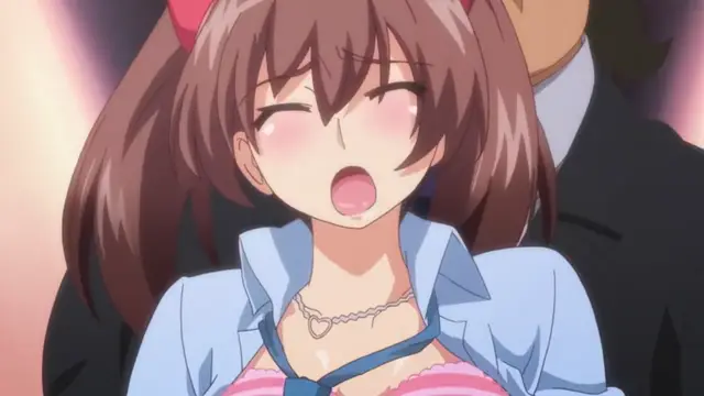 A blushing anime girl with twin tails and an open mouth gazes ahead with heavy eyelids while wearing a blue shirt over a pink bra and a silver necklace, being held from behind by a man in a suit. Screenshot from Kansen 5 The Daybreak Epsiode 2