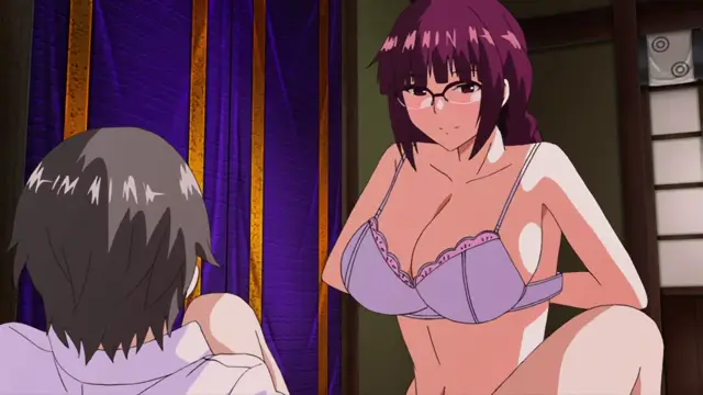 An anime-style woman with glasses and a purple bra looks down at a man with black hair who is sitting on the floor with his back to the camera in a room with purple curtains. Screenshot from Kansen 5 The Daybreak - Episode 3
