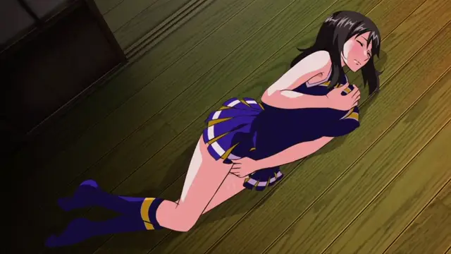 A girl in a blue and yellow school uniform lies on a wooden floor with her eyes closed and a blush on her face, looking exhausted or satisfied. Screenshot from Kansen 5 The Daybreak - Episode 3