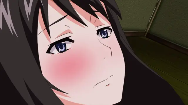 A close-up shot shows a blush-faced anime girl with long black hair and blue eyes looking slightly dazed or overwhelmed. Screenshot from Kansen 5 The Daybreak - Episode 3