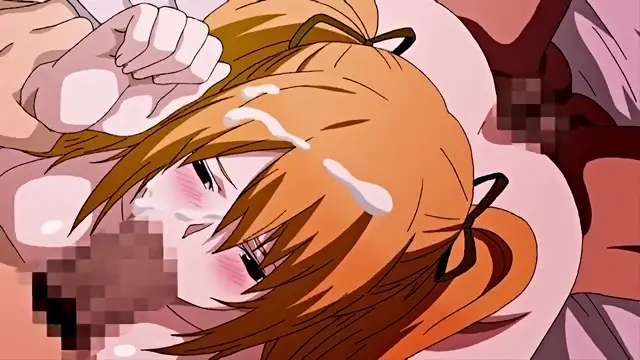 A close-up, high-angle shot shows a girl with orange hair and blushing cheeks lying on her back with her eyes closed, having white fluid dripping over her face and chest. Screenshot from Ima Kara Atashi - Episode 2